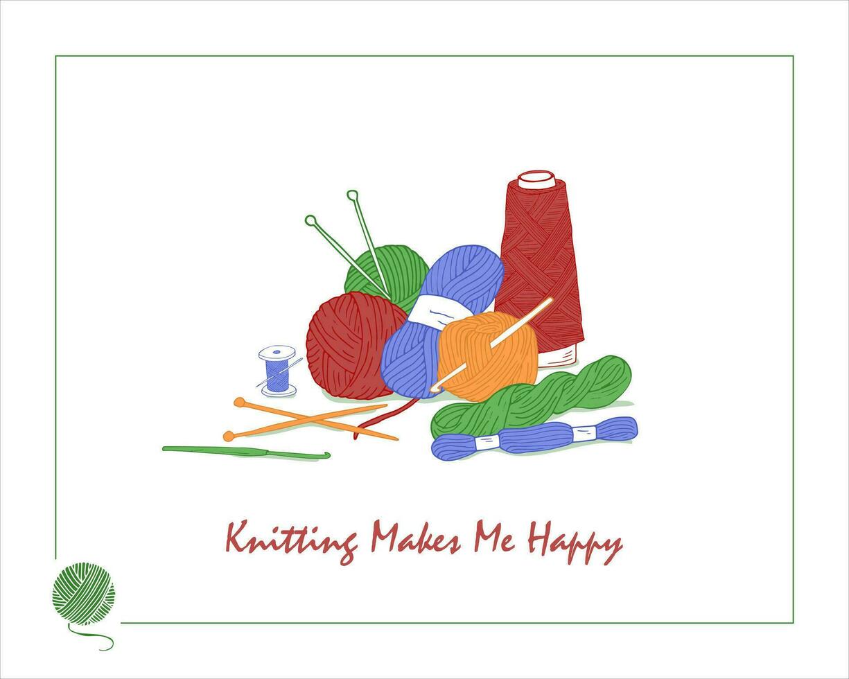 Knitting illustration with text. Knitting makes me happy. Knitting web banner template. Set of tools for knitting and crochet. Vector illustration