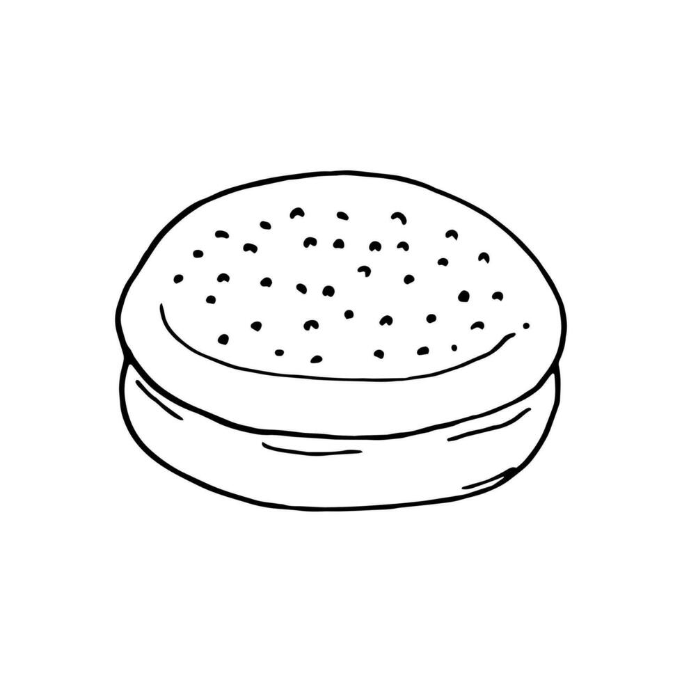 Hand-drawn round Hamburger bun with seeds. vector