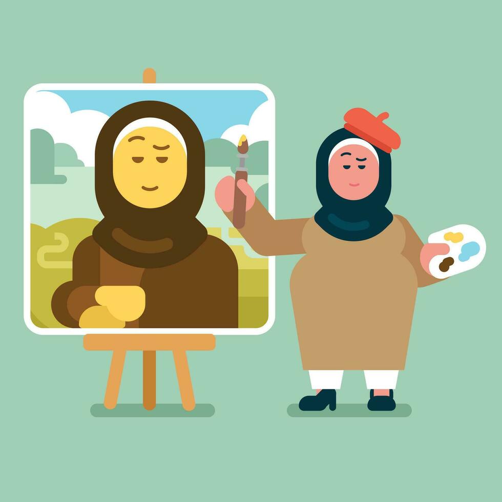 Arábica mujer personaje pintura él mismo como un lujo cuadro, islámico artista casa esposa vestir rojo pintor sombrero, y llevar paleta y pintar cepillos, haciendo arte, plano avatar vector ilustración