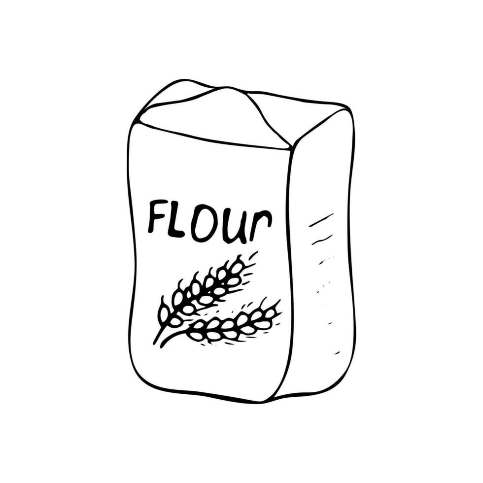 Hand drawn pack of flour. Isolated vector illustration on white background. Food illustration.