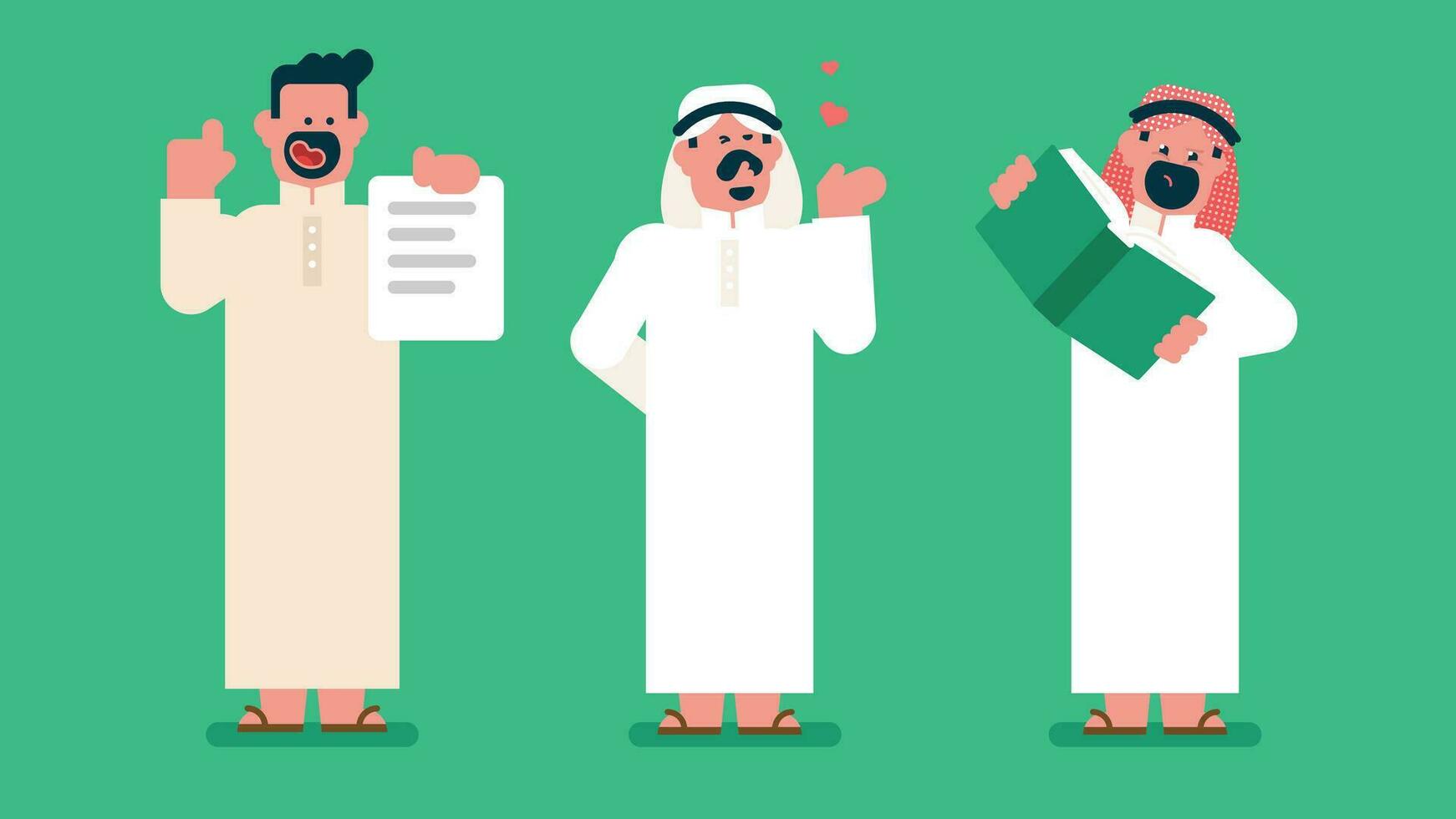 Arábica empresario personaje. diferente poses y emociones, joven hermoso emirati negocio hombre en uae tradicional atuendo, árabe hombre con kandora ,islámico cabeza bufanda, plano avatar vector ilustración.
