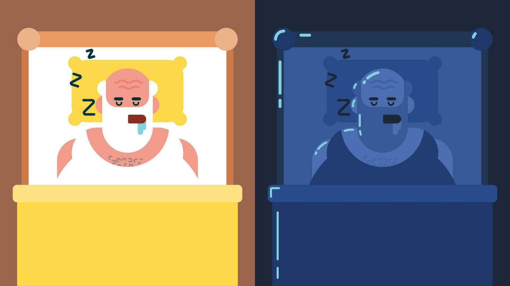 antiguo hombre dormido en blanco cama, abierto su boca y saliva fluido, noche oscuro modo, abuelo dormido en el mañana, mayor hombre plano avatar vector ilustración.