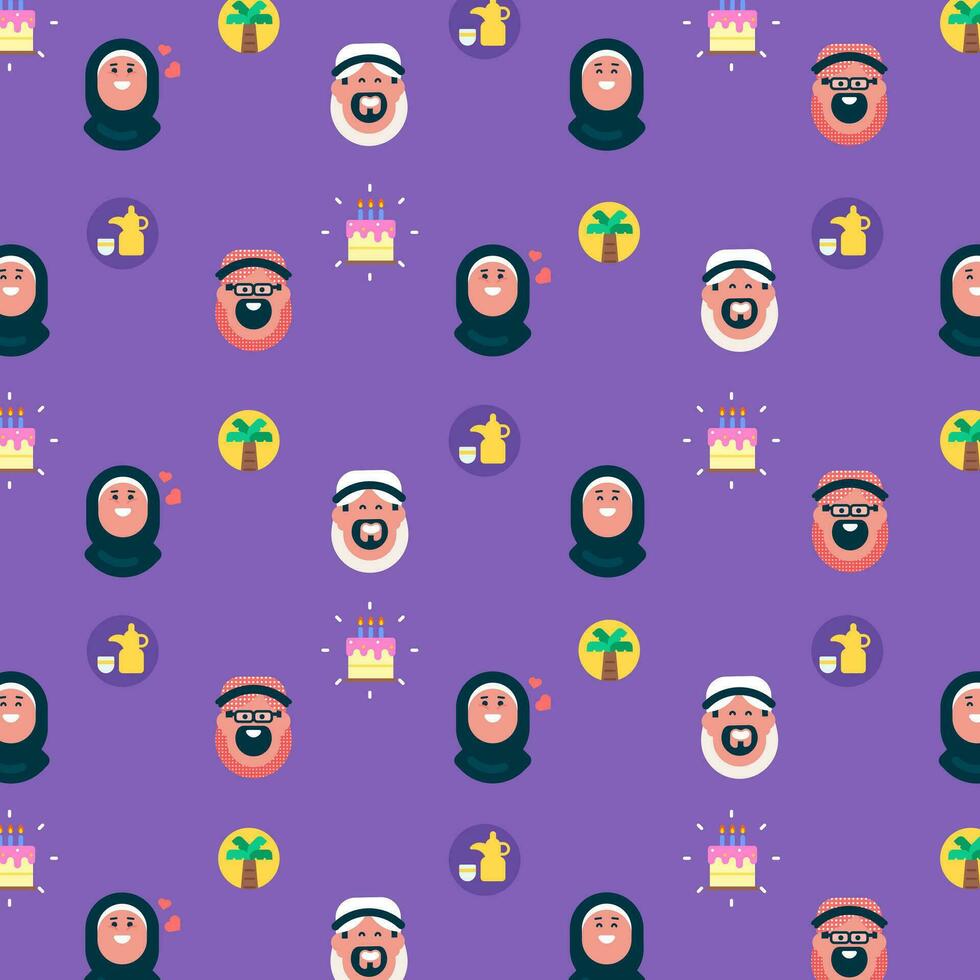 Set of Vector Patterns with Flat characters, arab man with kandora and woman with Hijab with cake, arabic coffee pot and palm icons, Flat avatar vector