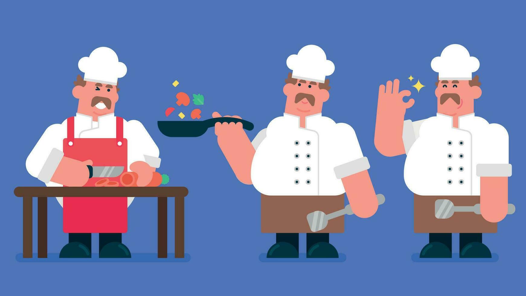 Collection of cartoon man preparing food, restaurant cook chef with hat and cook uniform, chef brings food, preparing meals for dinner, making salad, holding frying pan Flat vector illustration.
