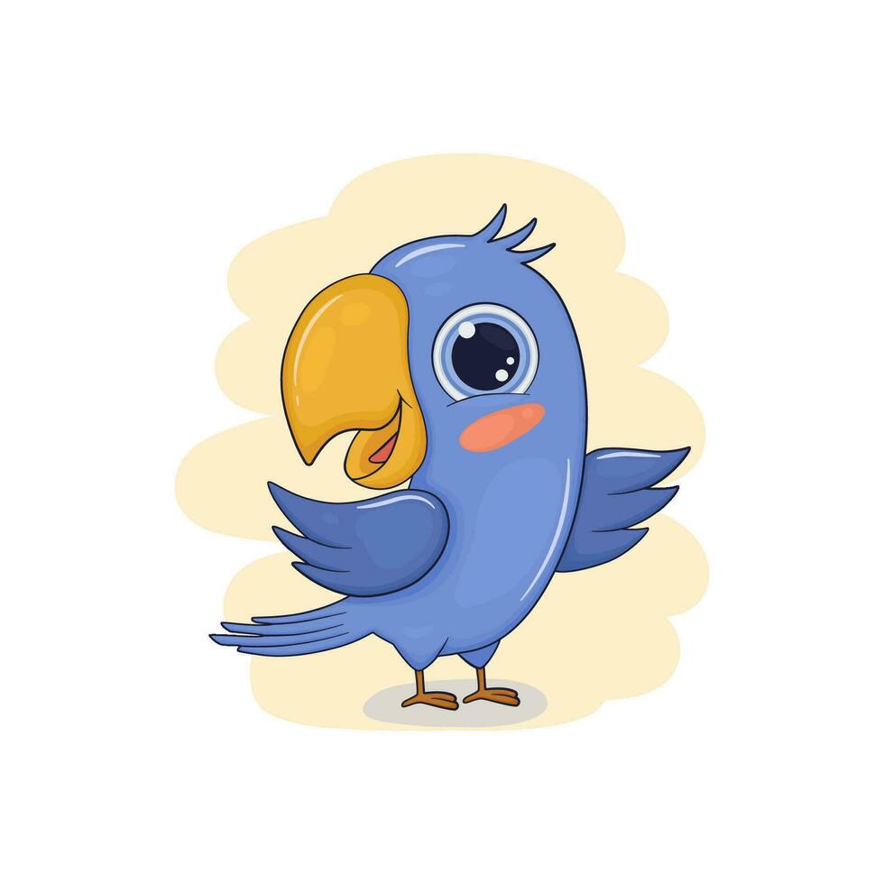 Cute blue parrot with big eyes is smiling. Cartoon vector character illustration for kids design