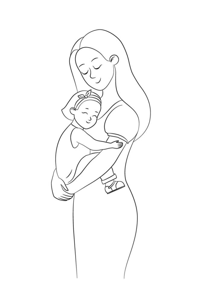 mamá abrazos su pequeño hija y sonrisas joven mujer sostiene bebé en su brazos. garabatear, bosquejo, vector, modelo para diseño y tarjetas vector