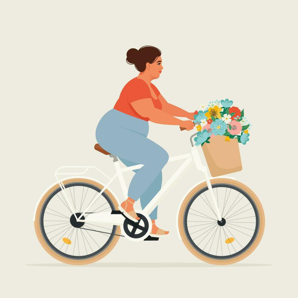 gordito atractivo mujer montando un bicicleta con flores en el cesta. vector ilustración en plano estilo