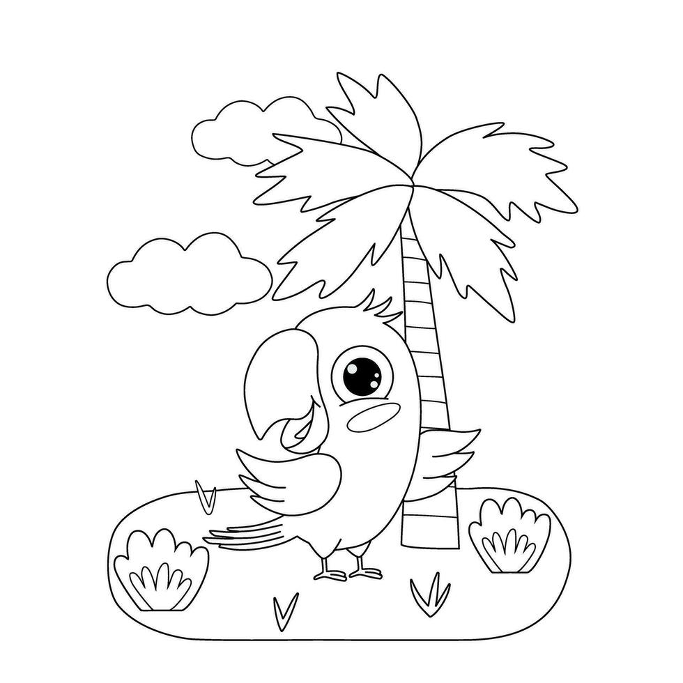 Kids coloring book with cute parrot, palm and clouds. Simple shapes, outline for small children, template for greeting cards. Cartoon vector illustration.