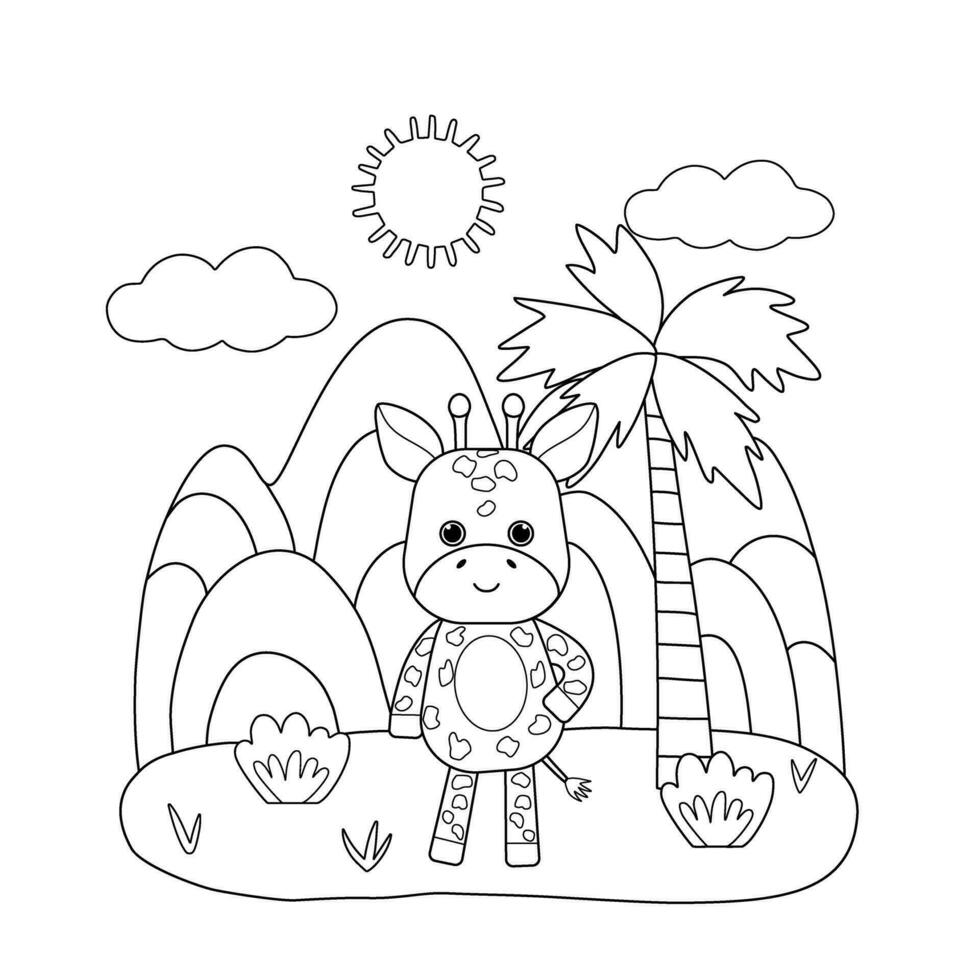 Baby coloring book with cute giraffe, palm tree in background of hills mountains. Simple shapes, outline for young kids. Cartoon vector illustration.