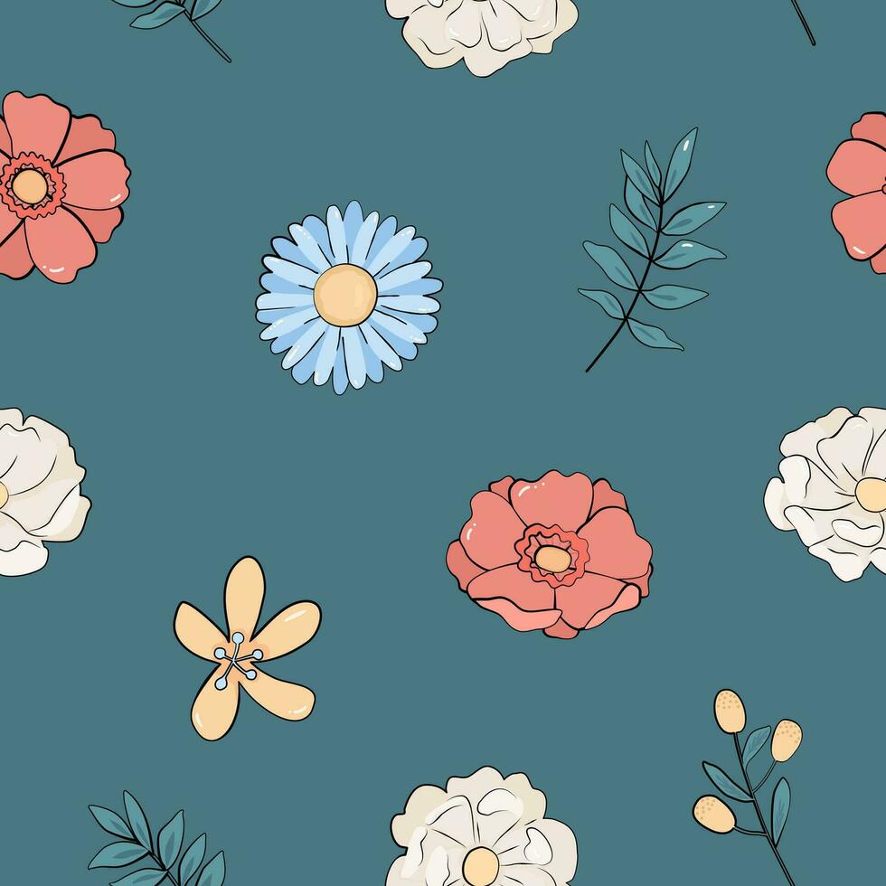 Seamless pattern with childish flowers on green background. Cute vector illustration with floral elements, for design, fabric and textiles.