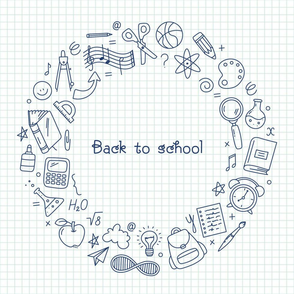 Back to School Circle Border. Education, Learning simple signs. Vector illustration in doodle style