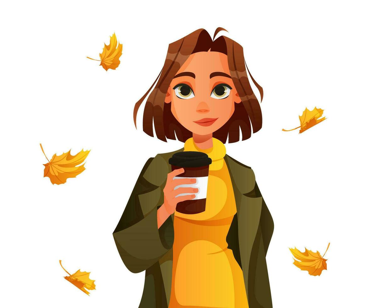 Young girl walking outdoors in autumn park with coffee. Harvest, holiday, fall. Woman holds a cup, wearing green coat, yellow dress in leaves. Hello autumn, welcome. Enjoying cosy weather. vector