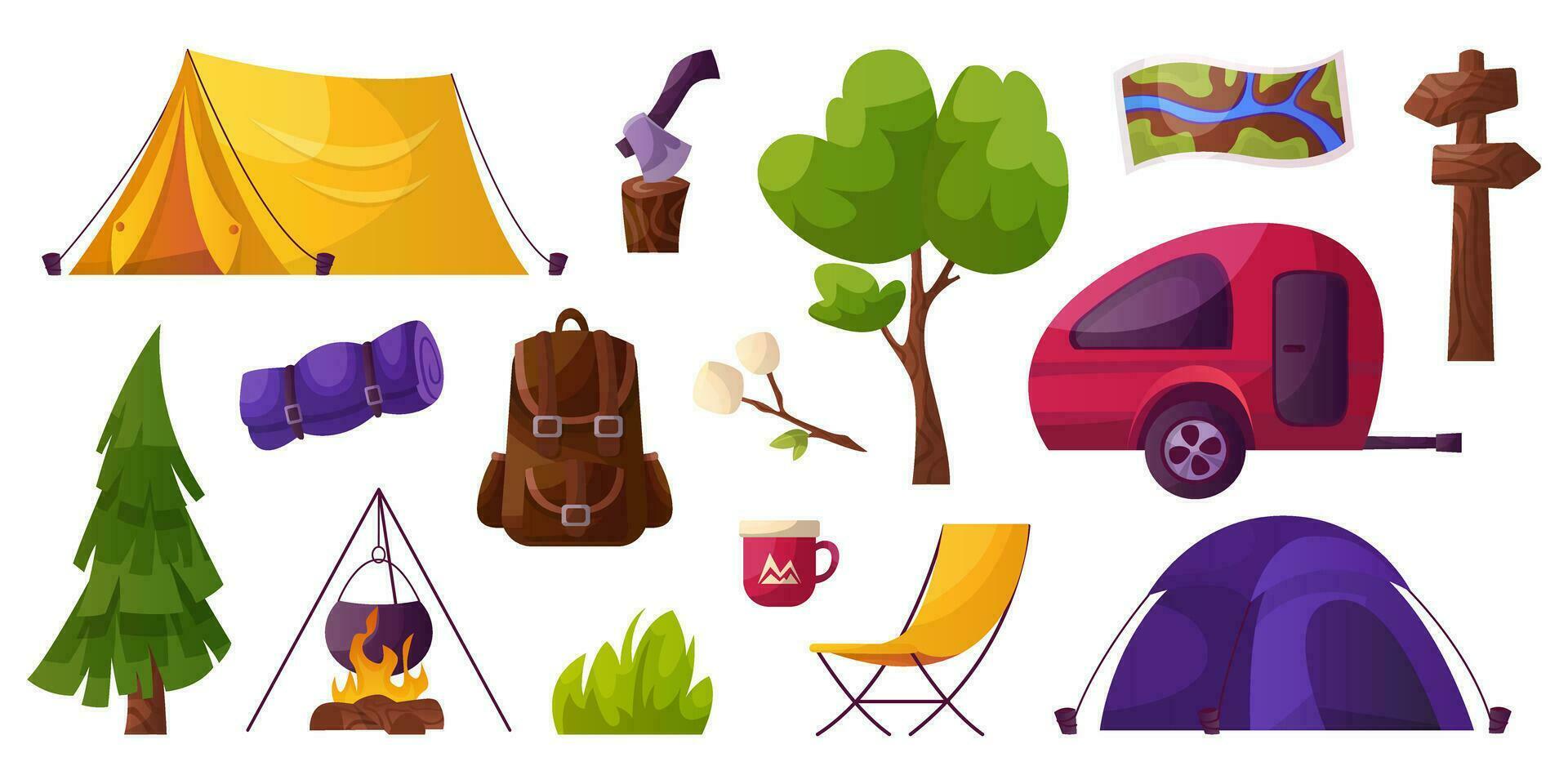 Set of camping trailer, tent, campfire, backpack, ax in log, resting chair, signboard, mug. Active recreation, tourists, summer vacation. Traveler camp at nature trees. Hiking, travel activity. vector