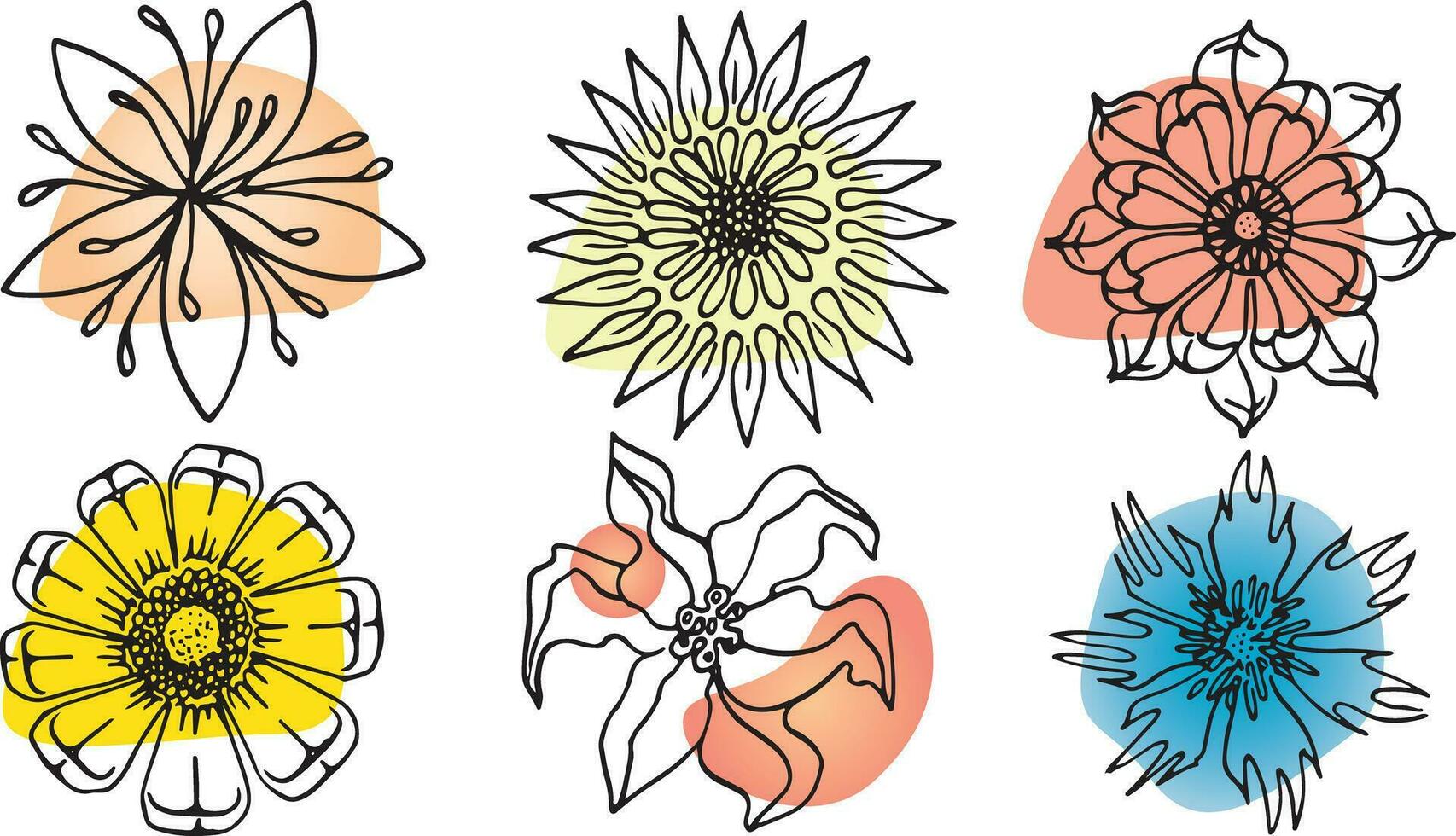 Flowers vector set illustration in simple minimal continuous outline line style. Nature blossom art for floral botanical logo design. Isolated on white background.