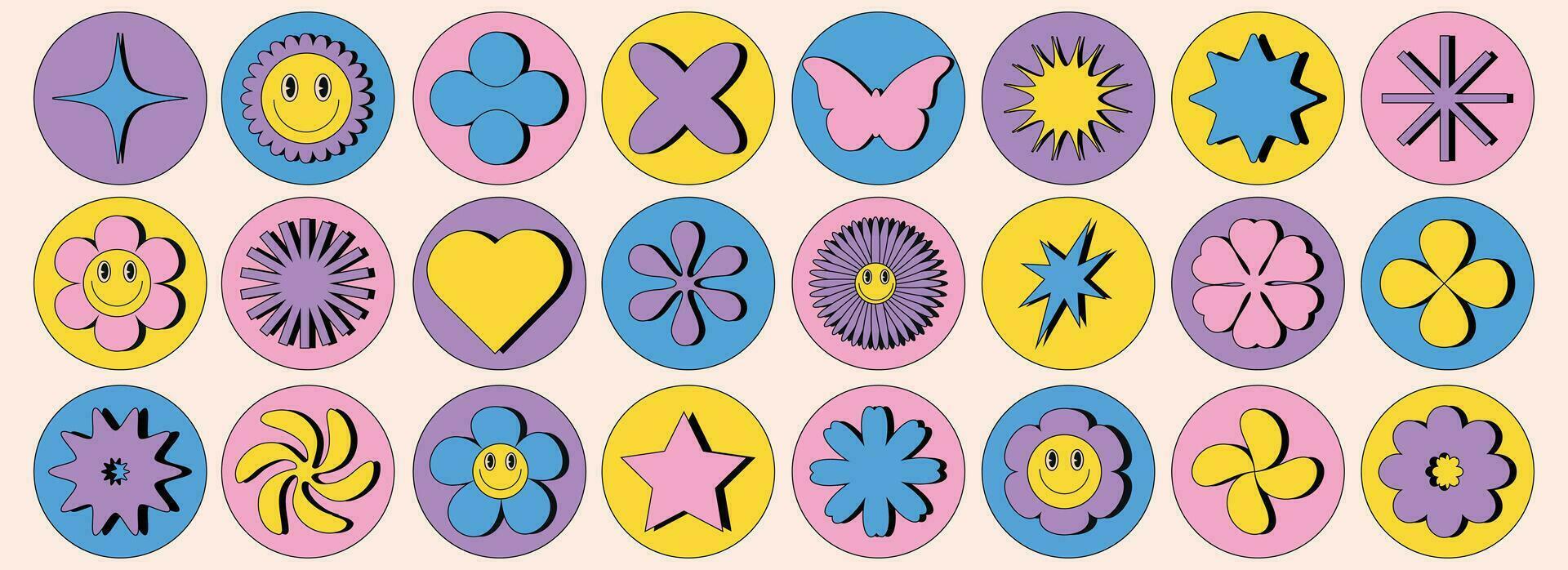de moda retro resumen formas flor, estrella, corazón, mariposa. diseño elementos para carteles, pegatinas, web diseño en 2000 estilo. vector ilustración.