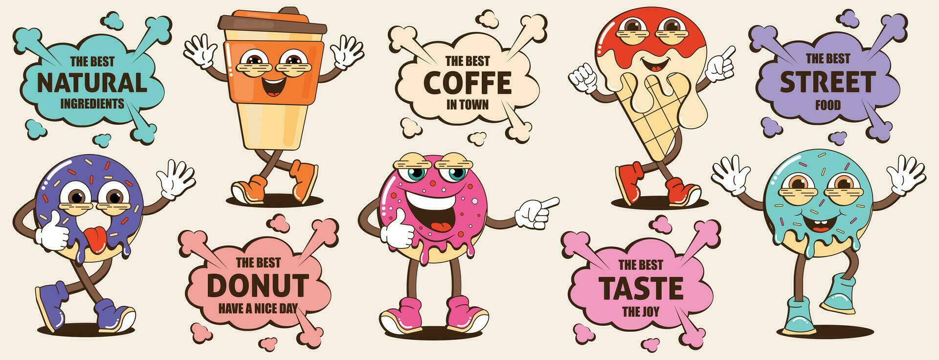 Trendy set of stickers with street food characters. Mascot branding for cafes, restaurants, bars. Stickers with abstract funny cute comic characters. Donut, coffee, ice cream, retro cloud with letteri vector