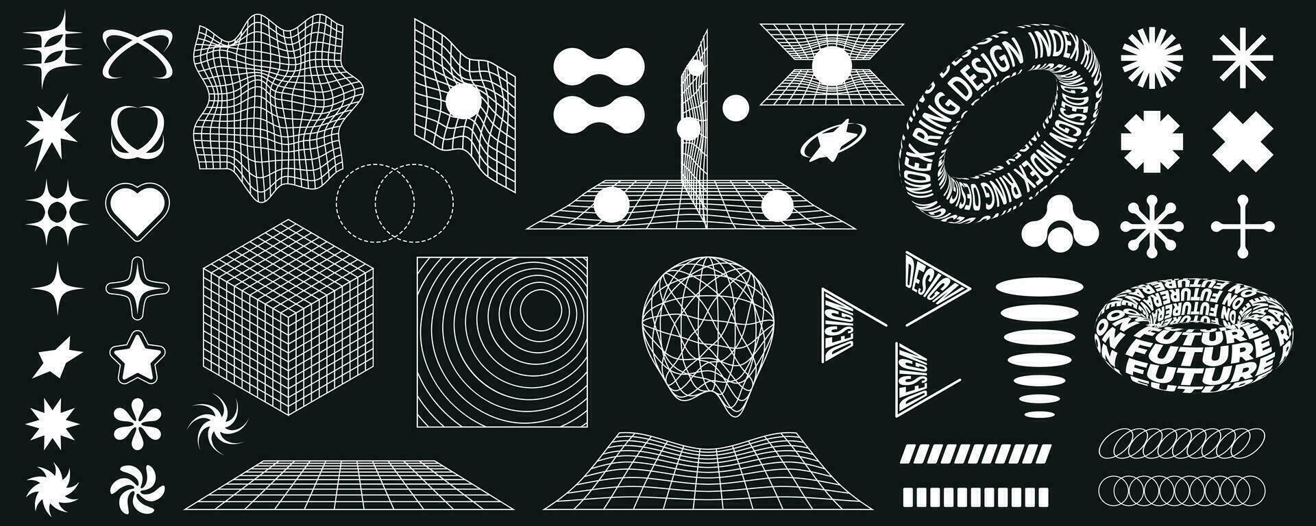 Retro futuristic geometric shapes set, cyberpunk elements, square, grid perspective, donuts with 2000s style text. Vector illustration.