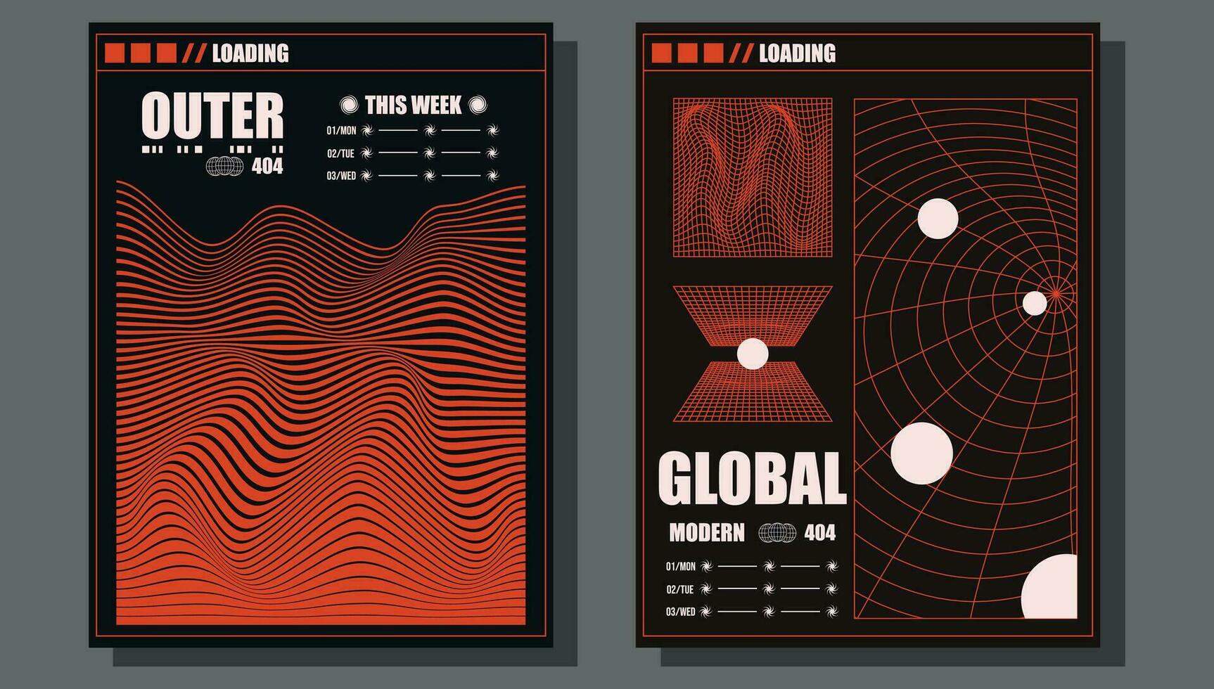 Retro futuristic flyer design template poster with sci-fi elements, grids, circles, lettering on black background. Vector illustration