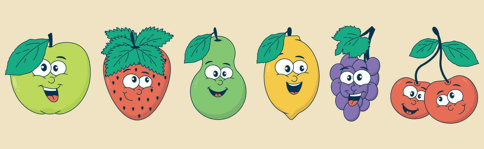 Fruit retro cartoon characters in cartoon style. Comic mascot cherry, strawberry, grape, lemon, apple, pear. Happy faces. Groovy summer vector illustration in 90s style.