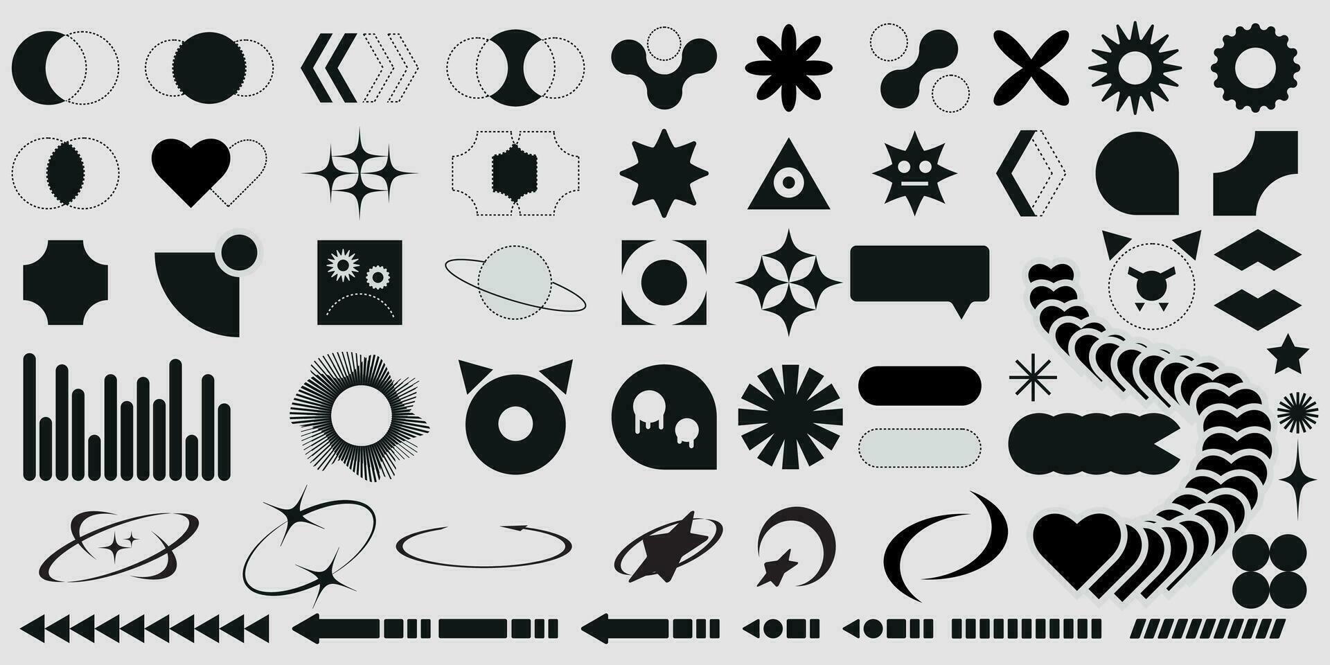 Set of Y2K retro elements and cyberpunk abstract geometric shapes. Hipster graphic objects for logo, icon, web design. Vector illustration.