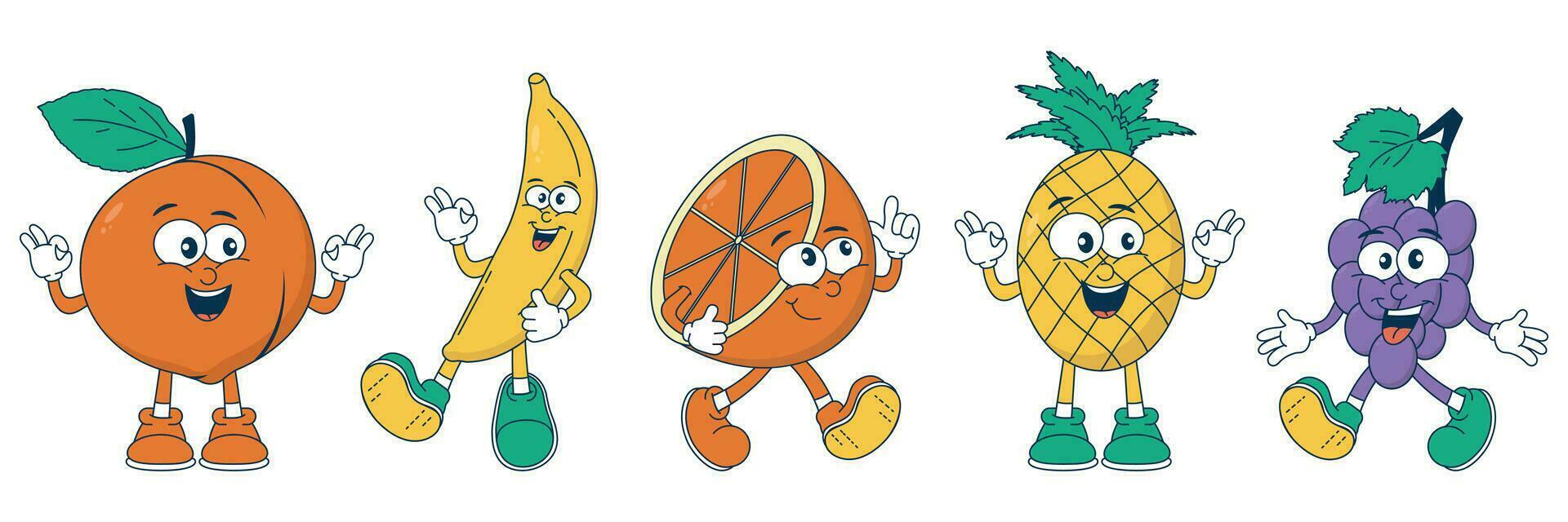 Retro cartoon fruit characters pineapple, banana, grape, orange, peach in funky style. Comic mascot with a happy face, arms, legs. Juicy, bright vector sticker in 90s style.