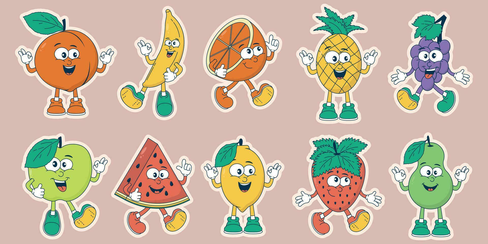 A set of retro fruit characters in cartoon style. A comic mascot. Groovy summer vector illustration. Juicy sticker with watermelon, apple, pear, strawberry, grape, banana, lemon, pineapple.