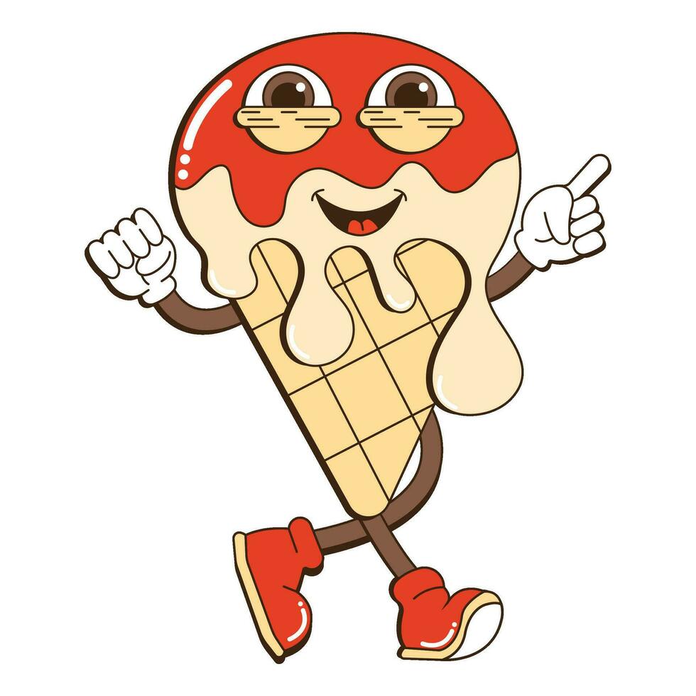 Retro sticker with walking funny cute comic ice cream character. Vector illustration. Retro style 80s, 90s.