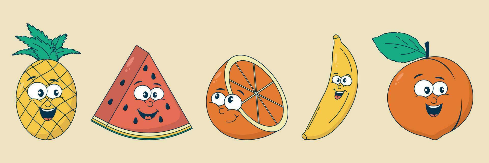 Fruit retro cartoon characters.Comic mascot watermelon, banana, pineapple, peach, orange with a happy smiling face. Groovy vector illustration in 90s, 00s style.