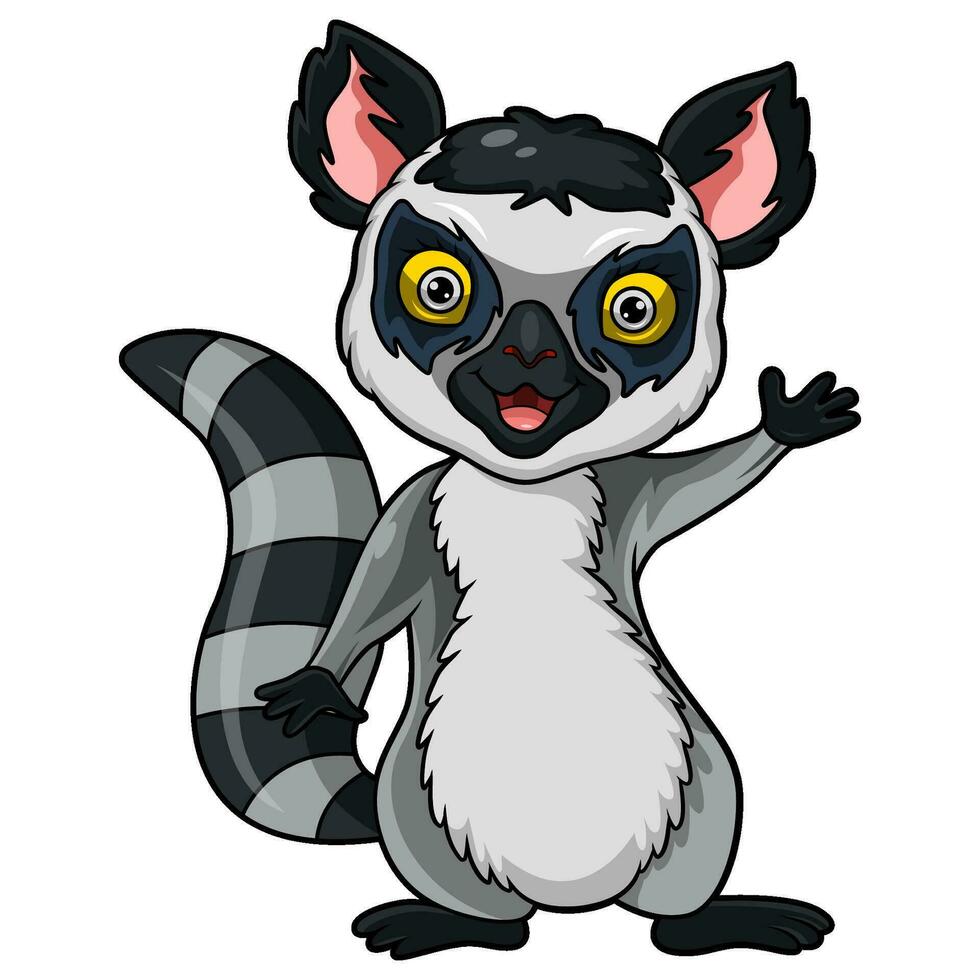 lindo, lemur, caricatura, ondulación, mano vector