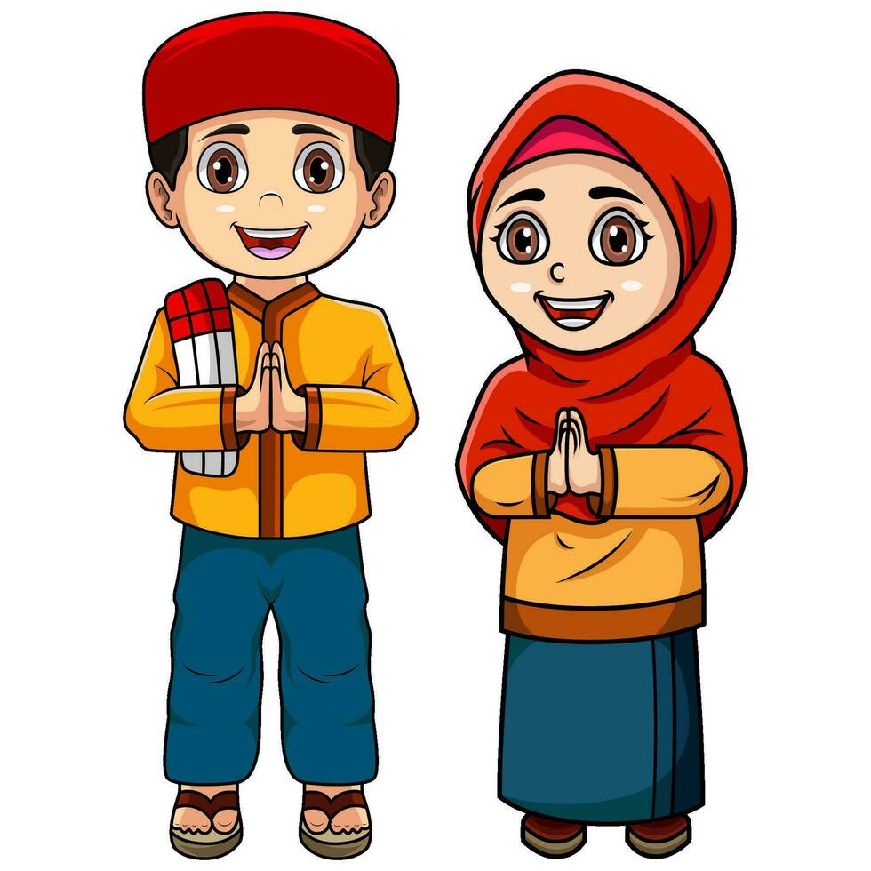 Happy couple muslim kids cartoon vector