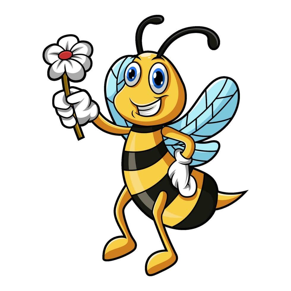 Cute bee cartoon holding flowe vector