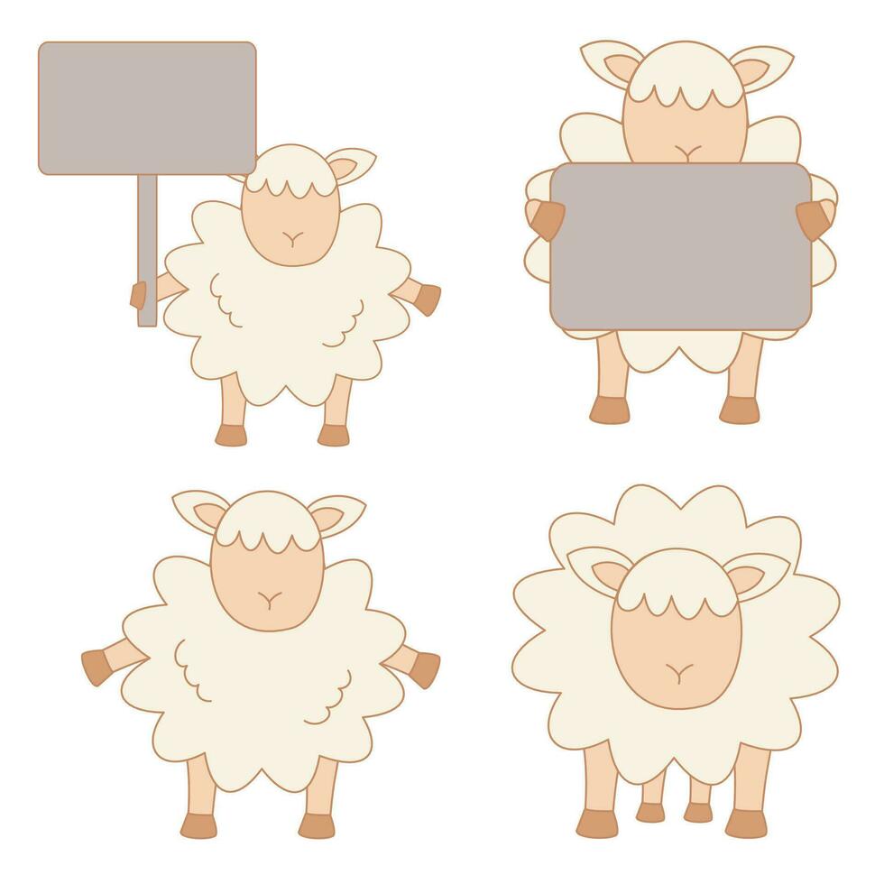 Sheep cartoon illustration set. Sheep holding blank board, cute and happy sheep vector illustration.