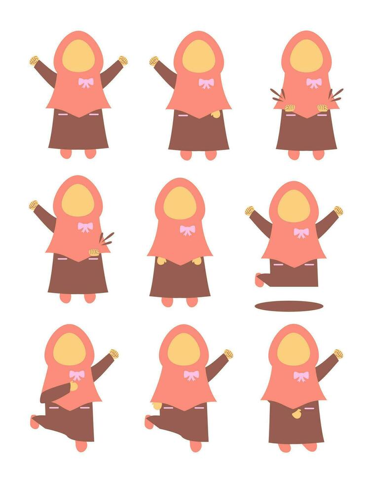 Big Set Of Happy Muslim Girl Expression, Cartoon Style. vector
