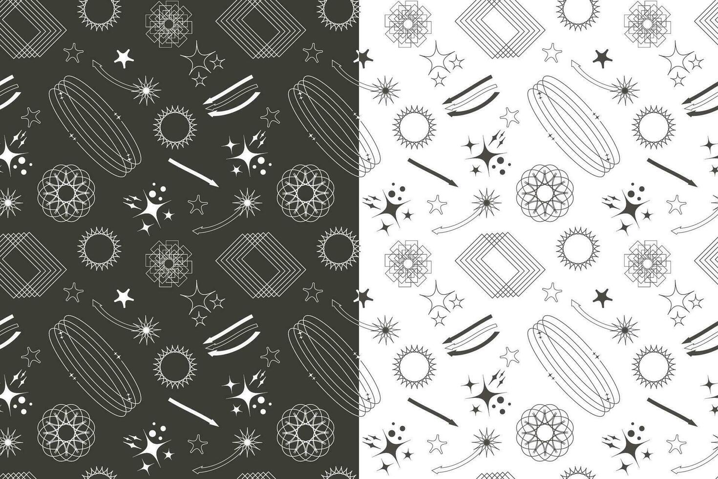 Seamless pattern of geometric frame shapes and grids Retro-futuristic set. Abstract vector illustration.
