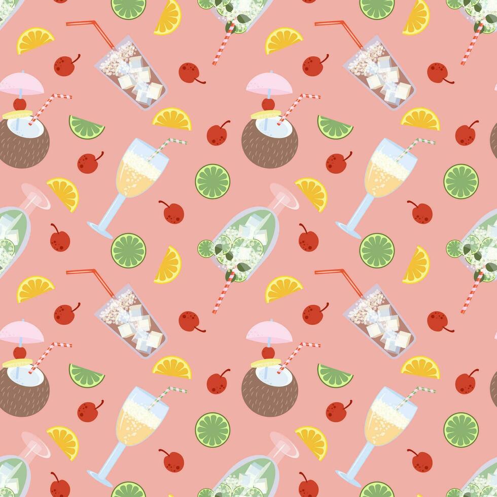 Colorful seamless pattern of refreshing drinks with fruits and berries. Vector illustration