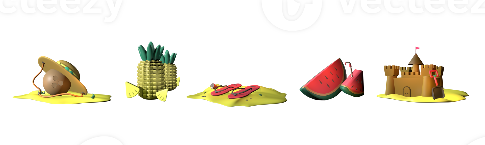 3d icona estate collezione reso isolato su il bianca sfondo. noce di cocco, ananas, pantofola, anguria, e sabbia castello oggetto per il tuo design. png