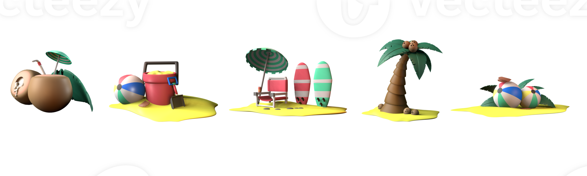 3D icon summer collection rendered isolated on the white background. Coconut, sand bucket, surfing board, coconut tree, and beach ball object for your design. png