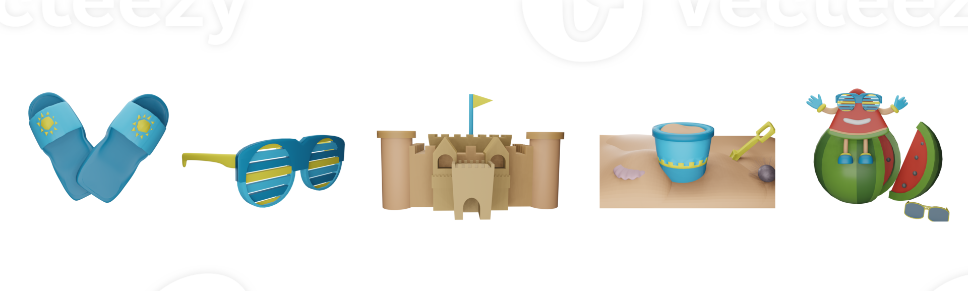 3D icon summer collection rendered isolated on the white background. Slipper, eyeglasses, sand castle, sand bucket, and watermelon object for your design. png