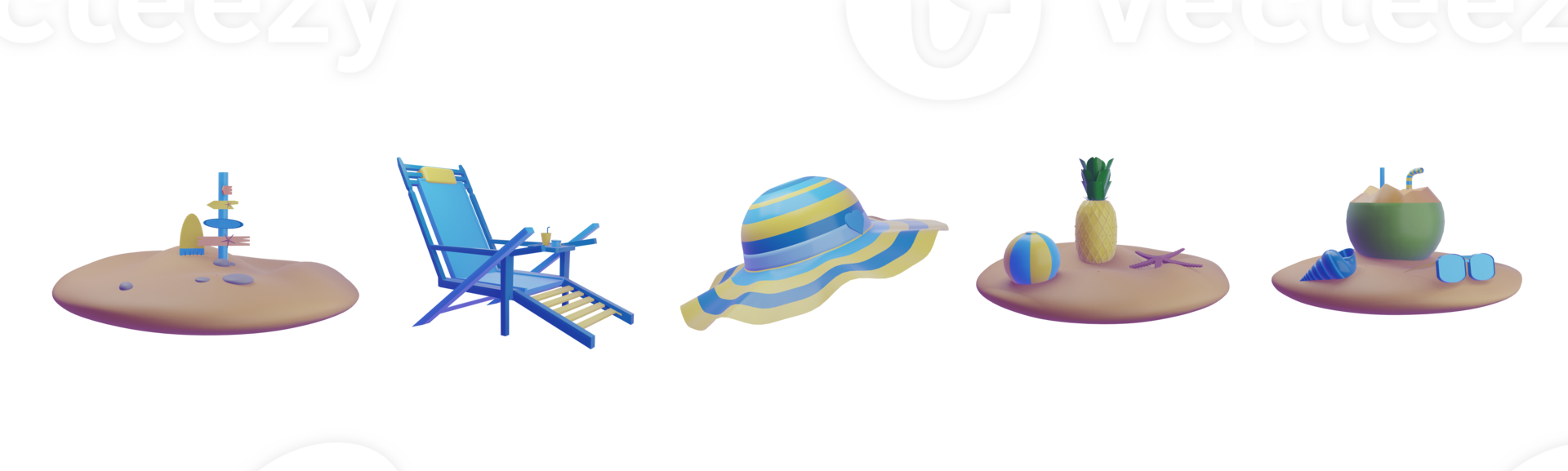 3D icon summer collection rendered isolated on the white background. signpost, beach chair, beach hat, pineapple, and coconut object for your design. png