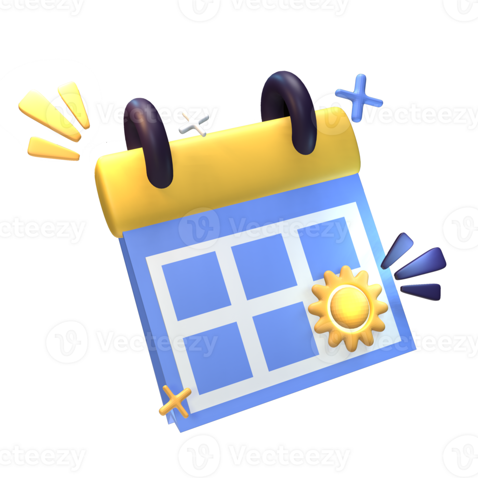 3D summer calender icon rendered isolated on the transparent background. Simple and elegant objects for your design. png