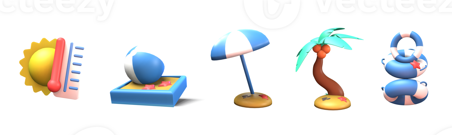 3D icon summer collection rendered isolated on the transparent background. Sun, ball, beach umbrella, coconut tree, and lifebuoy object for your design. png