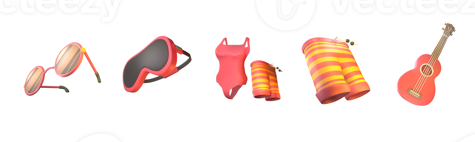 3D icon summer collection rendered isolated on the transparent background. eyeglasses, diving glasses, swimsuit, beach pants, and ukulele object for your design. png