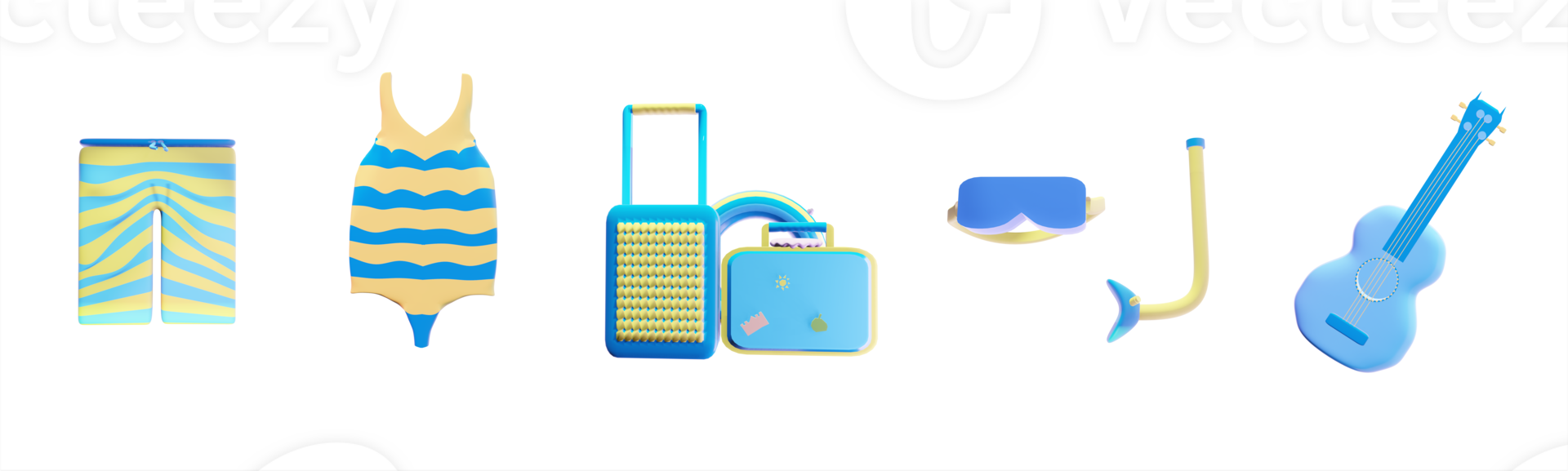 3d icône été collection rendu isolé sur le transparent Contexte. plage pantalon, maillot de bain, Voyage sac, plongée lunettes, et ukulélé objet pour votre conception. png