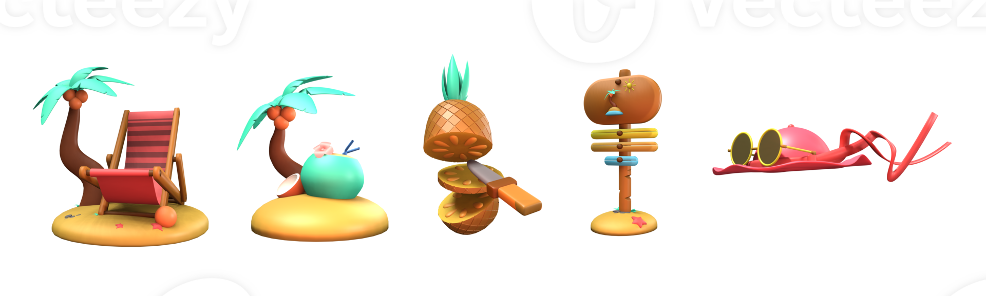 3D icon summer collection rendered isolated on the transparent background. beach chair, coconut, pineapple, signpost, and hat object for your design. png