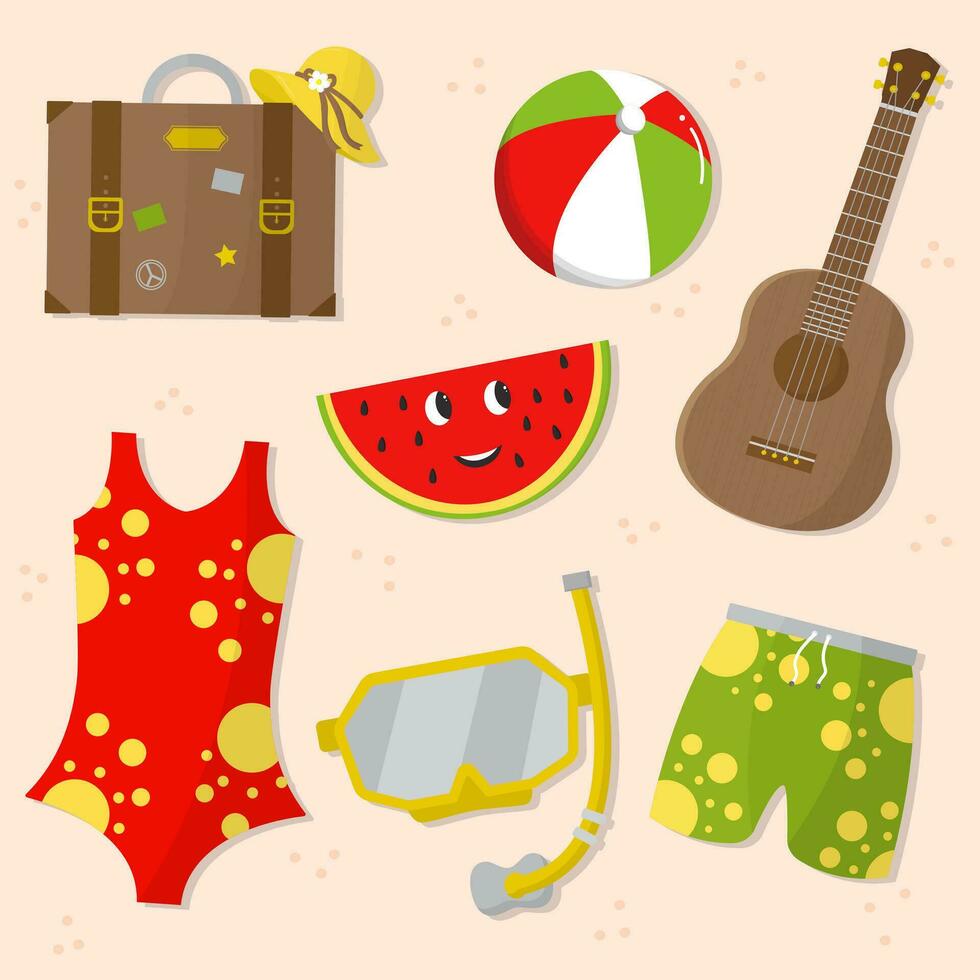 7 summer icon illustrations set isolated on the colored background vector