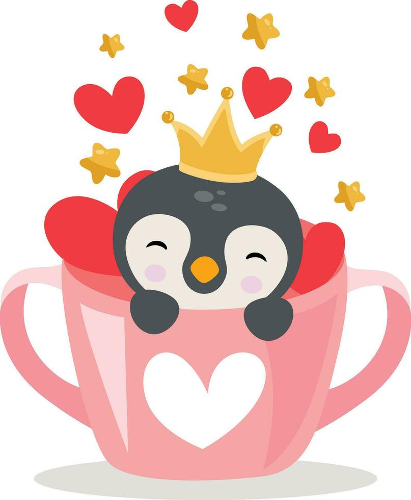 linda Príncipe pingüino dentro amor taza con corazones y estrellas vector