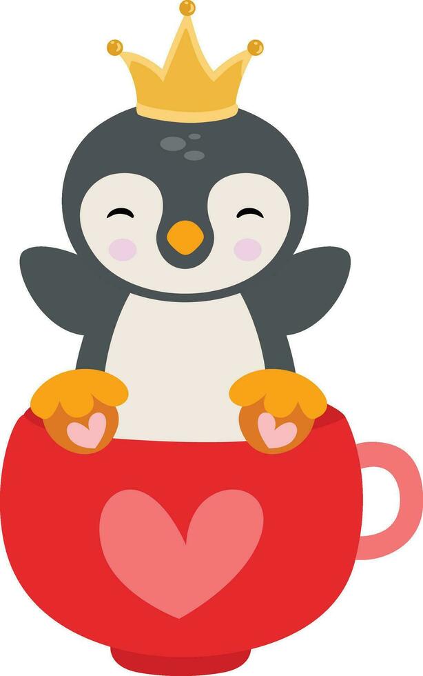 Cute penguin with crown on head inside love cup vector