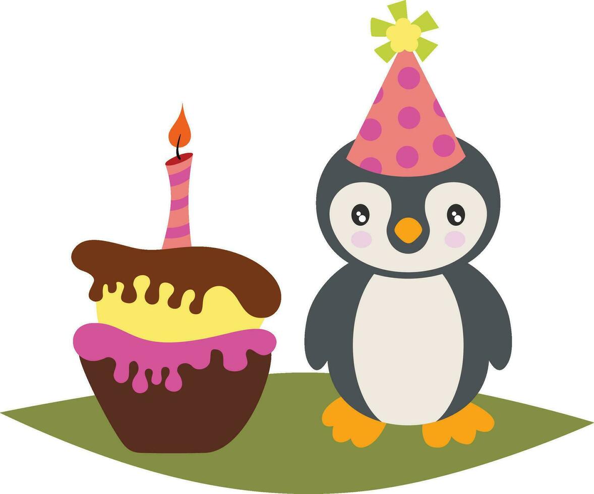 contento cumpleaños pingüino con cumpleaños pastel vector