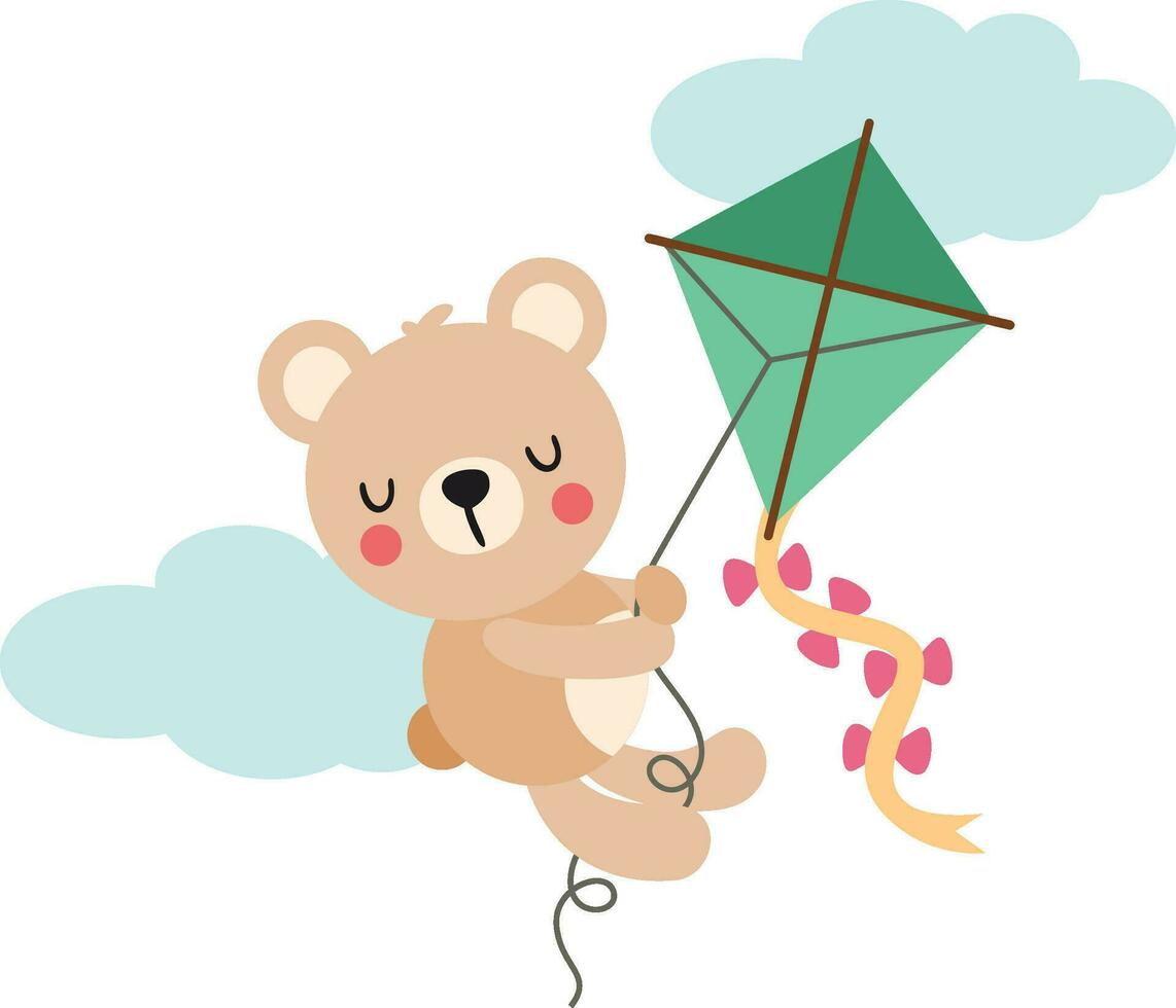 Cute teddy bear flying with kite vector