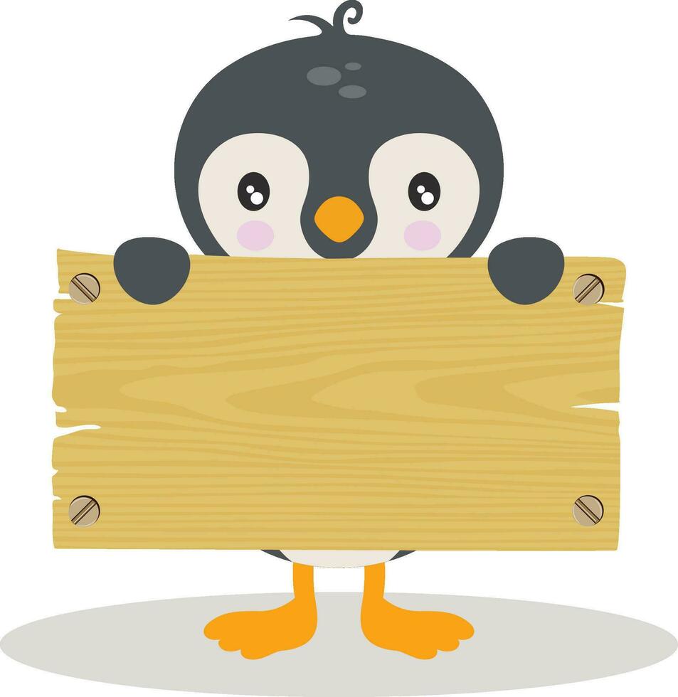 linda pingüino con de madera letrero vector